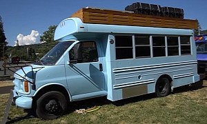 This Beautiful Short Bus Conversion Boasts Gorgeous Woodwork and a Cool Roof Deck