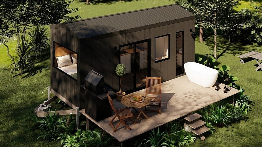 This lovely single-level tiny home under 20 feet boasts a lounge area and a breakfast bar