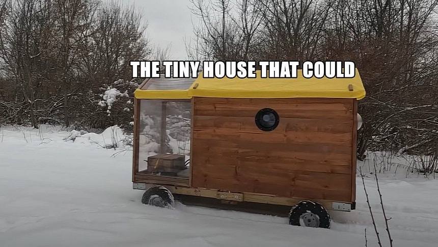 DIY mini e-camper gets upgraded to a wooden cabin perfect for overnight stays in nature
