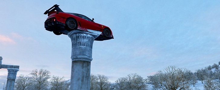 Ferrari parked on a pillar