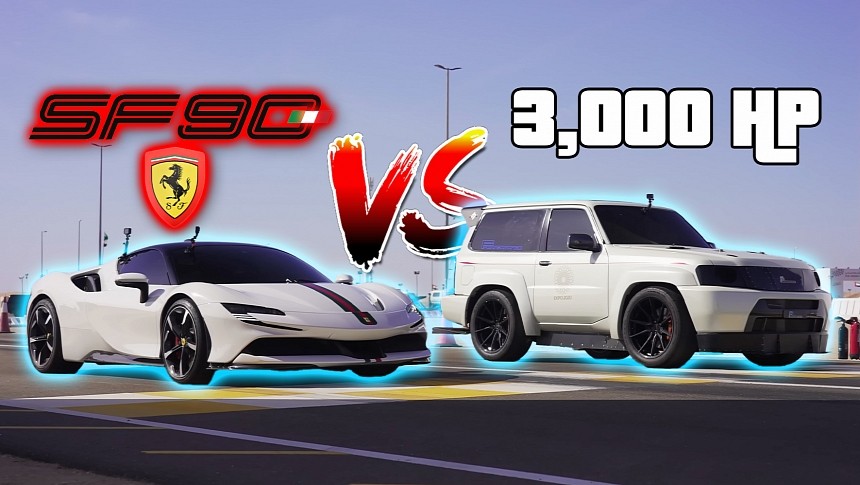 This Ferrari SF90 vs. 3,000-HP Nissan "Patrol" Started Well Enough but Ended in Disaster