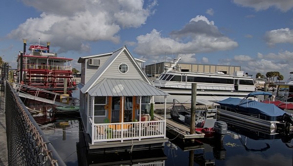 Downtown Dharma is an adorable tiny home floating on water, in Sanford