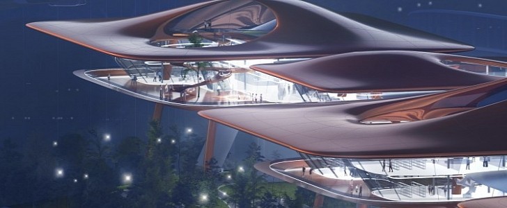 The futuristic building complex seems to be floating on air