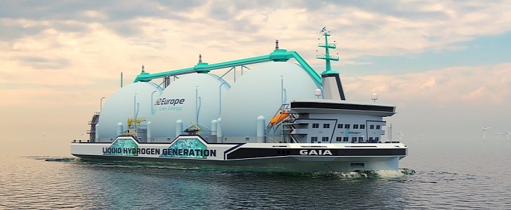 Gaia is a green tanker concept boasting three liquid hydrogen storage tanks