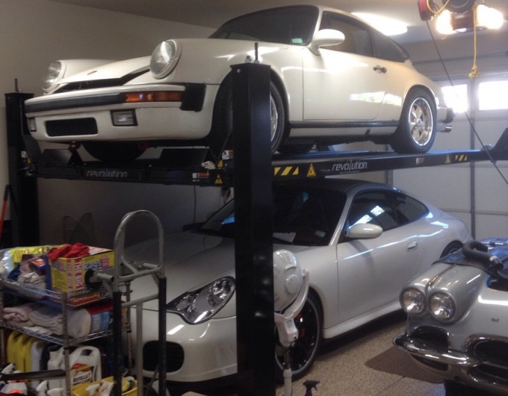 Porsches and Chevrolets in granpa's garage
