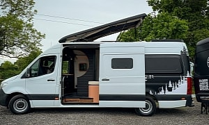 This High-Design Camper Van Has a Private Bedroom and Unique Staircase to Cozy Pop-Top Bed