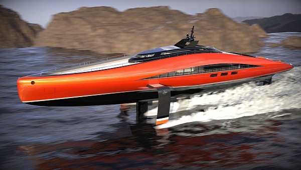 The Plectrum hyperyacht uses hydrogen motors and a hydrofoil system to "fly" over water