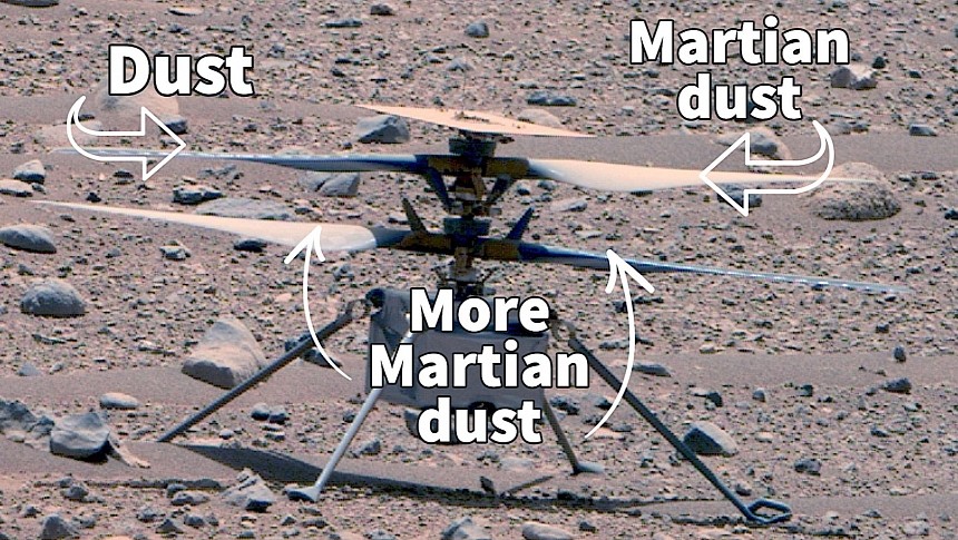 Ingenuity Mars helicopter covered in dust
