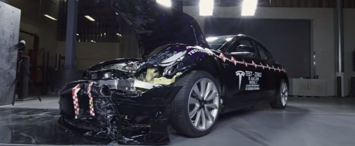 Tesla after hitting a wall in the Crash Lab