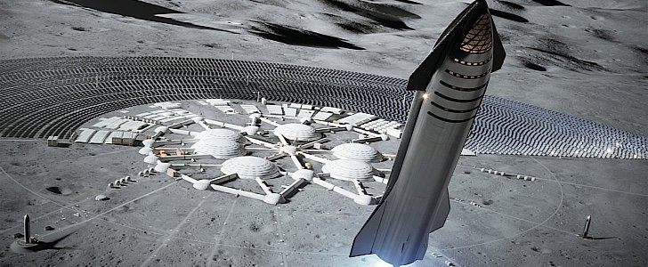Rendering of Starship taking off from the Moon