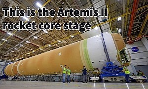 This Is the Core Stage of the Artemis II Moon Rocket, Lying on Its Side in a NASA Facility