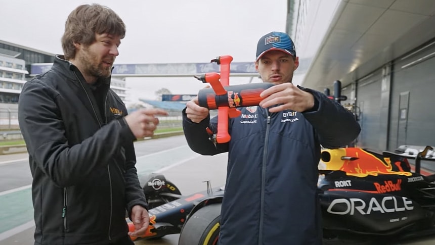 Max Verstappen checks out the world's fastest camera drone