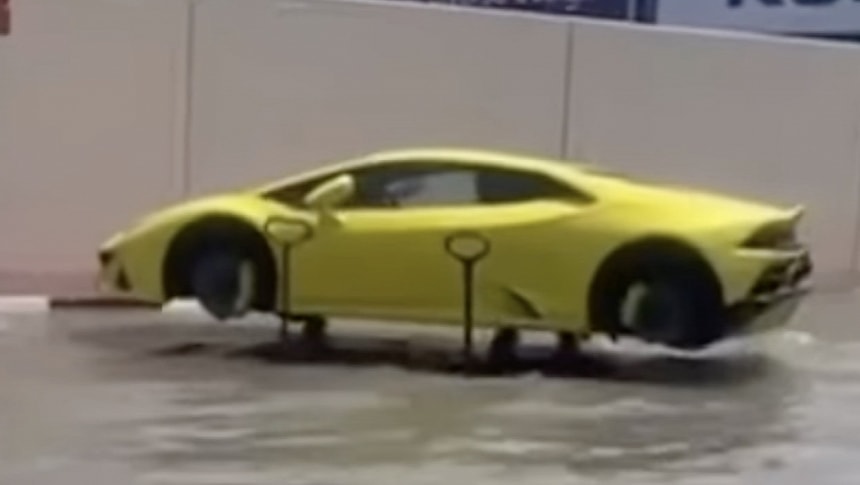 Lamborghini Aventador sitting on jacks in Dubai flood