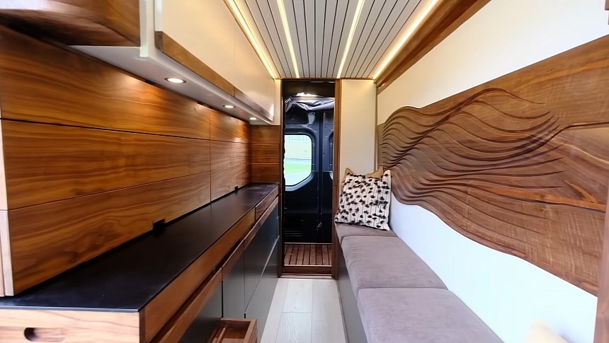 This Custom Camper Van Features a Stunning Walnut Interior Packed With Hidden Features