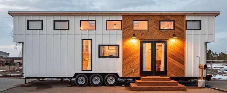 Modern farmhouse-style tiny home on wheels