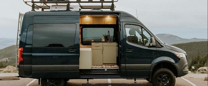 This converted Sprinter van features a cozy interior filled with amenities