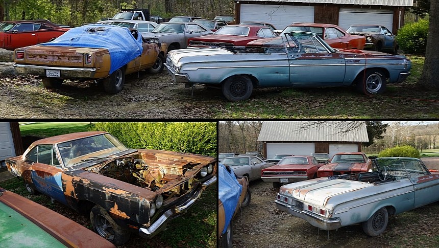 collection of derelict Mopar muscle cars