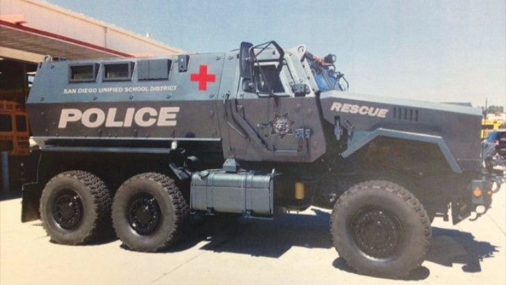 A photo of the 2013 Caiman MRAP acquired by the San Diego Unified School District Police Department