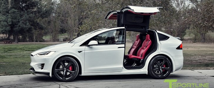 Tesla Model X with Bentley red leather interior by T Sportline