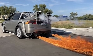 Back to the Future: This Tesla Spits Fire, Leaves Burning Traces on the Tarmac