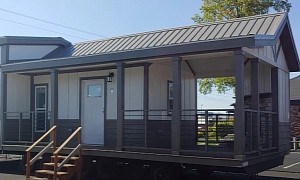 This Tiny Home on Wheels Has a Spacious Covered Porch and an Outside Fireplace