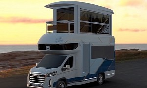 This Tiny RV Has a Pop-Up Upper Level With Balcony and Its Own Elevator