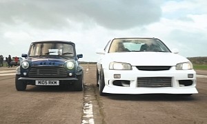 This Weird Drag Race Sees a K20-Swapped Mini Absolutely Walk an 820 HP Nissan R34