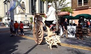 This Wooden Kinetic Sculpture Is in Fact a Penny-Farthing with Mechanical Legs