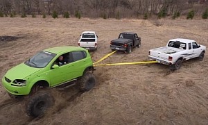 Three Old Ford Rangers Gang Up on V8-Powered Chevrolet Aveo Monster Thing