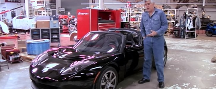 Jay Leno drives 2008 Tesla Roadster with Elon Musk
