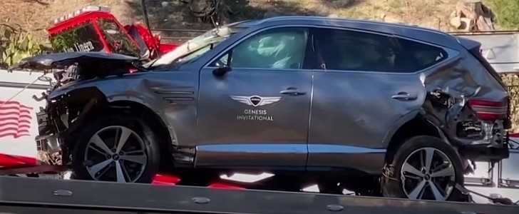 The Genesis GV80 SUV after Tiger Woods' crash in LA County