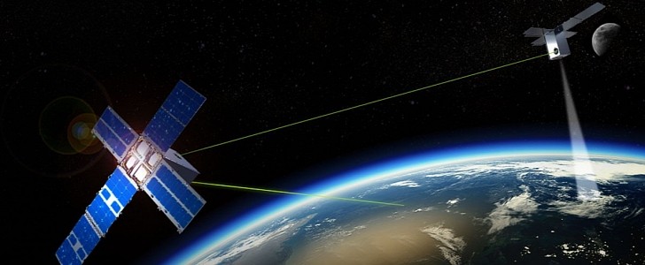 Rendering of nanosatellites communicating with each other