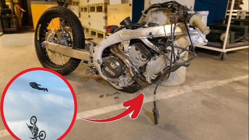 One of the six wrecked bikes from the Mission: Impossible BASE-jumping scene sells at auction, brings in big bucks