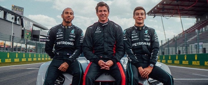 Toto Wolff, Lewis Hamilton, and George Russell