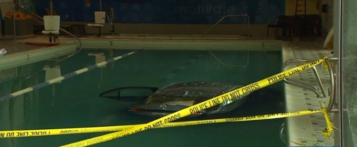 Driver accidentally hits gas, crashes through window and lands in pool