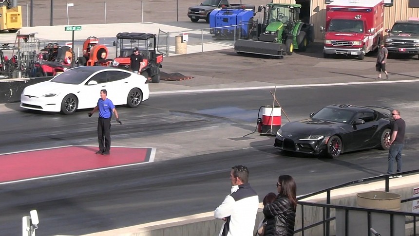 Tesla Model S Plaid drag races Toyota GR Supra