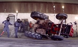 Tractor with Turbo Volvo Engine Goes Drifting, Tips Over Nearly Crushing the Team