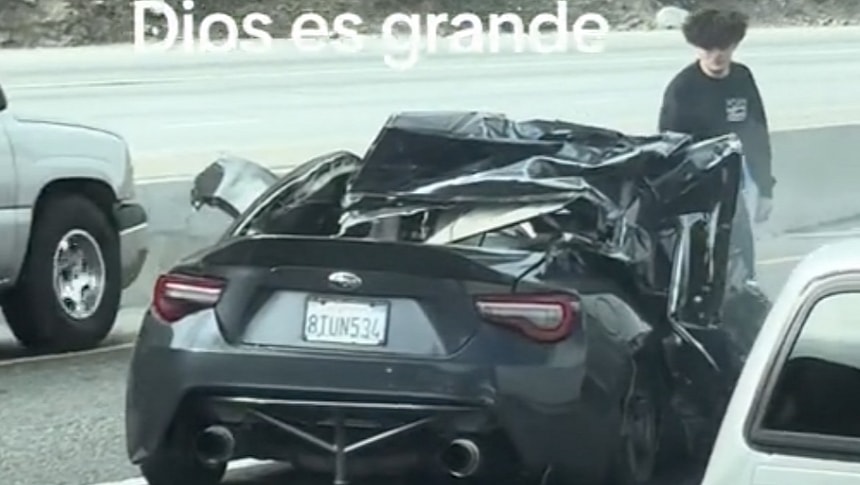 Subaru BRZ lives to tell the tale after a horror crash on the highway