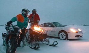 Triumph Daytona vs Porsche 911 GT3 vs Polaris RMK Snowmobile, All on Ice <span>· Video</span>
