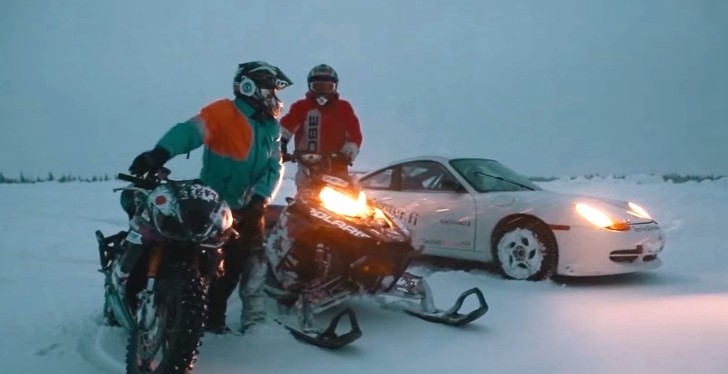 Having a Triumph Daytona supersport bike playing in the snow with a Porsche 911 GT3 and a Polaris RNK snowmobile is definitely one thing you don't see too often