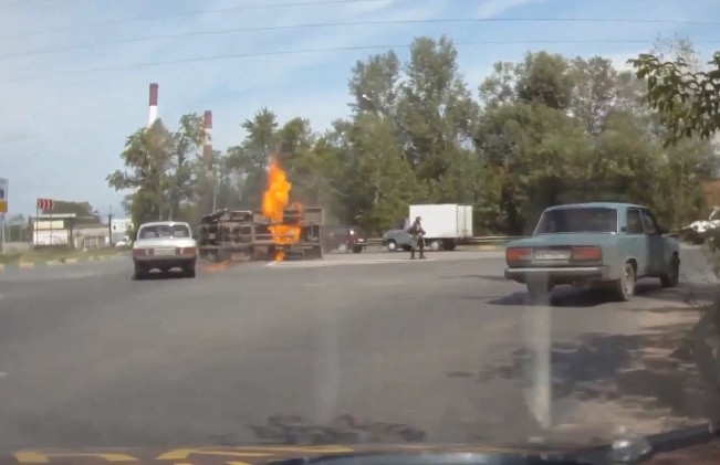 truck catches fire in Russia