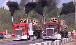 Truck Drag Racing in Canada Involves Rolling Coal and 71 Tons of Wood