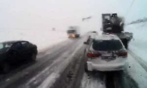 Truck Driver Does Not Brake in Time on Icy Road