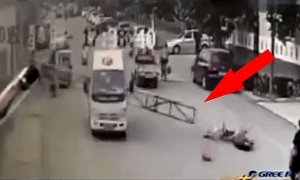 Truck Driver Ignores Height Limit, Destroys Road Sign Taking Out a Riding Woman