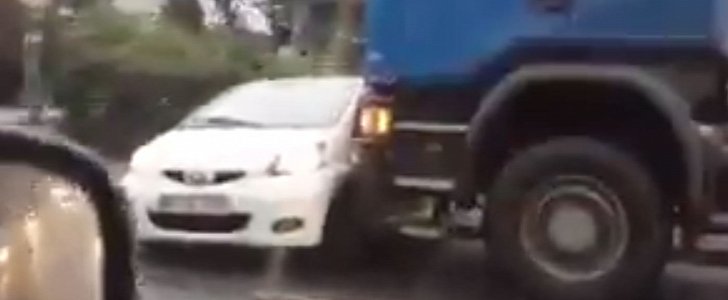 Truck Pushes Toyota Aygo Sideways Without Giving a Damn