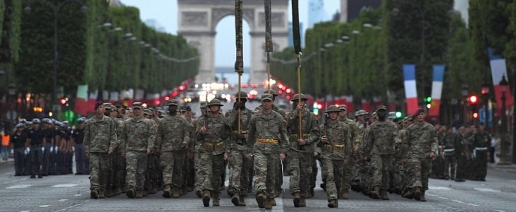 American troops rehearsing for Bastille Day Parade, Paris 2017