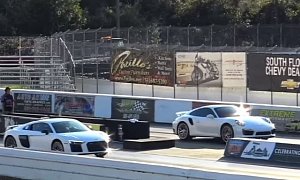Tuned Porsche 911 Turbo S vs. Audi R8 V10 Plus Drag Race Ends in a Knockout