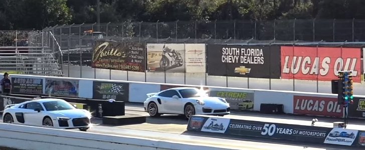 Tuned Porsche 911 Turbo S vs. Audi R8 V10 Plus Drag Race