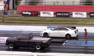 Turbo Chevy Z71 Drag Races Cadillac CTS-V, Truck Throws a Big Punch