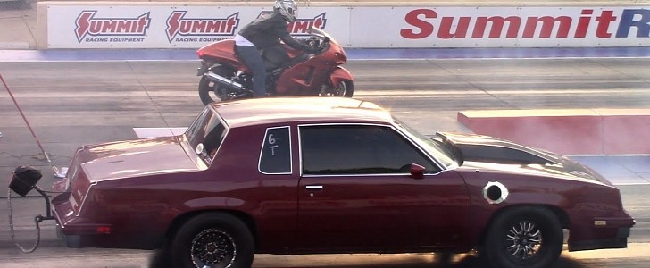 Tuned Oldsmobile Cutlass takes on Suzuki Hayabusa at the drag strip